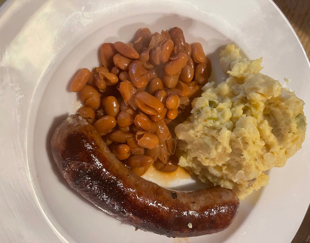 Brats, BBQ potato salad, and ranch style beans
